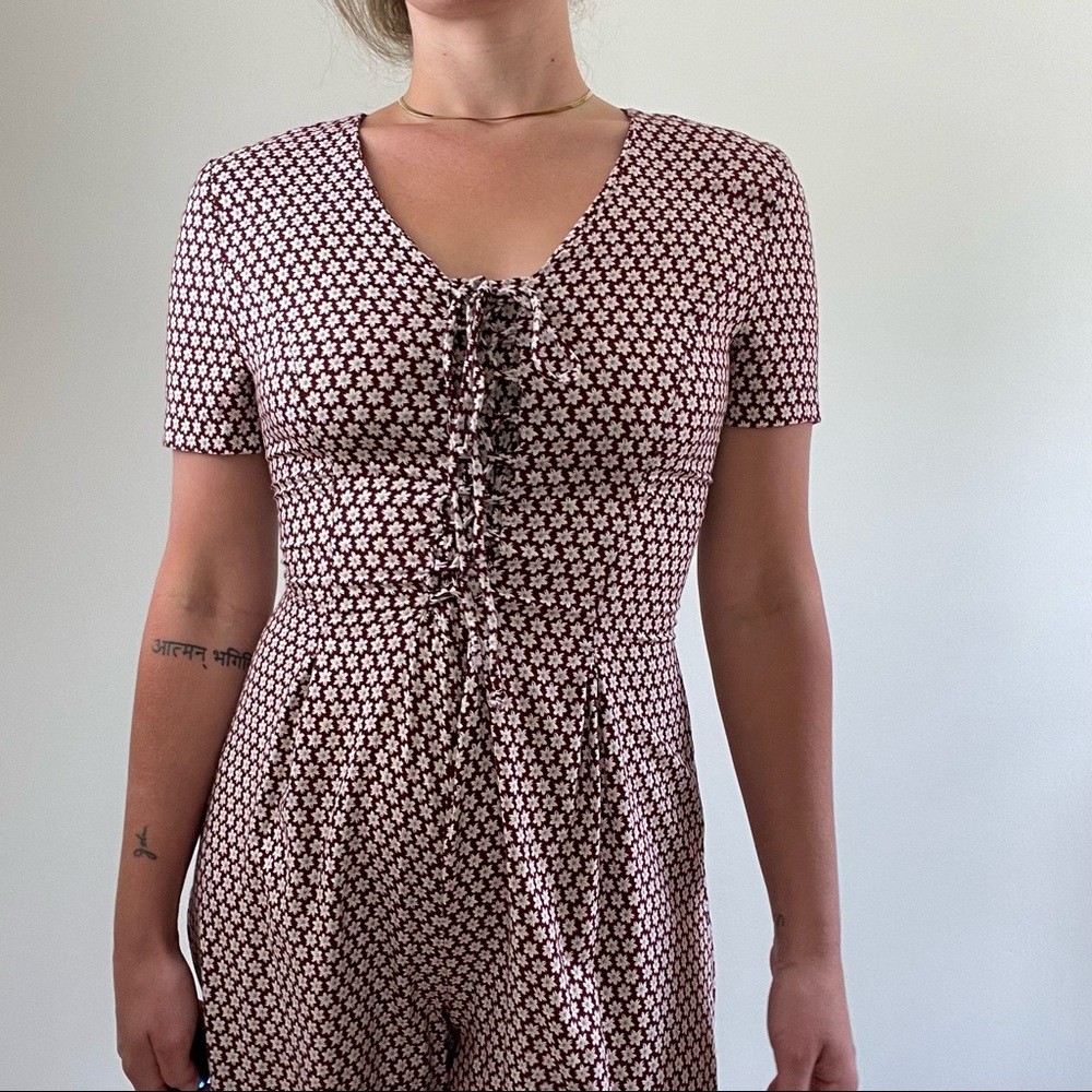 VINTAGE 80’s 90’s Ditsy Floral Red Romper Full Length Lace Up